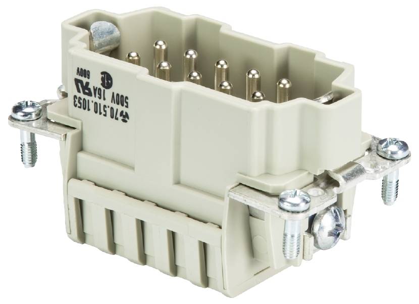 Un connecteur rectangulaire beige avec plusieurs broches métalliques et des connexions à vis. Adapté pour les connexions électriques.