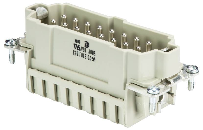 Fiche électrique rectangulaire à broches métalliques multiples et fixation par vis, adaptée aux applications industrielles.