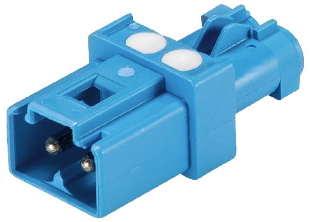 Connecteur LC optique bleu avec deux contacts métalliques.