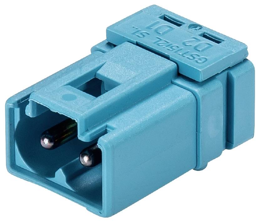 Fiche plastique bleue à deux broches métalliques, marquée sur le côté avec 'GSt18/2 SL'. Composant de connexion électrique.