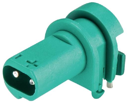 Connecteur électrique vert à deux broches, vue latérale.