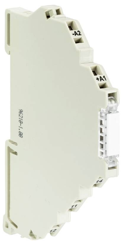 Un composant électrique compact rectangulaire avec des connexions sur le dessus, probablement un relais ou un module pour rail DIN.