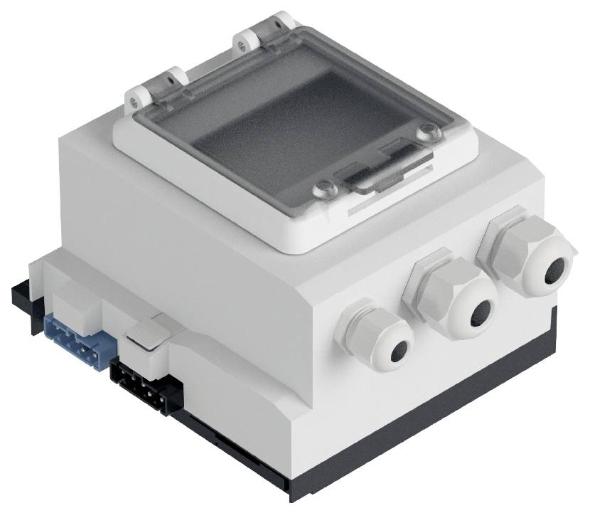 Boîtier en plastique blanc avec couvercle transparent, trois passe-câbles sur le côté. Connexions électriques à l'arrière.