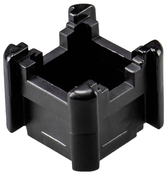 Un élément en plastique noir de forme carrée avec des angles surélevés. Possibilité d'utilisation comme élément de connexion dans des constructions.