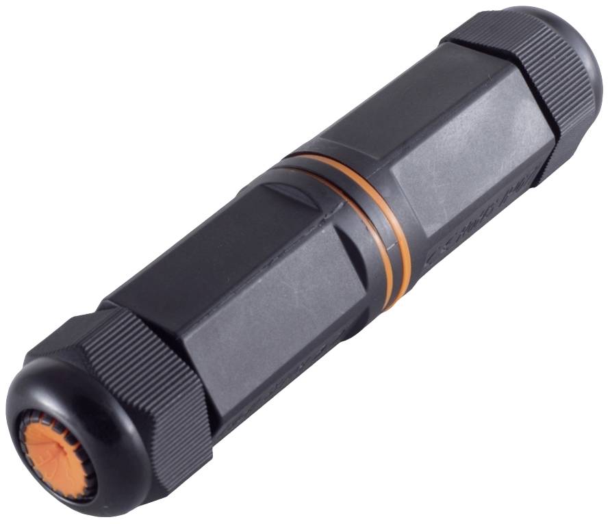 Un connecteur cylindrique noir avec des accents orange, adapté aux applications industrielles ou électroniques.