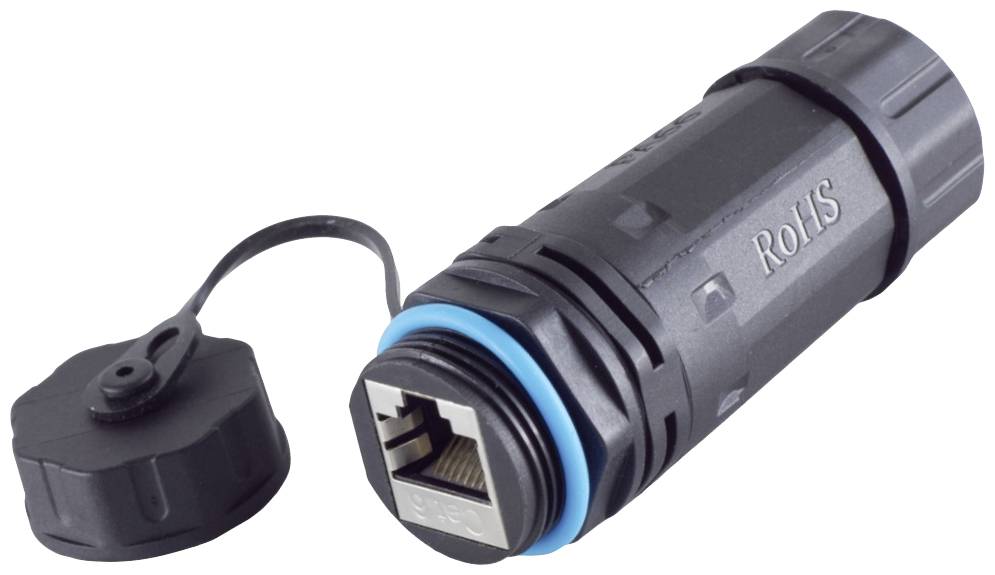 Boîtier Ethernet noir imperméable avec connecteur RJ45 et capuchon amovible, adapté aux environnements difficiles.