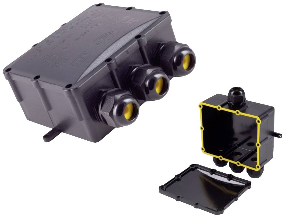 Un boîtier de distribution noir avec trois passages de câbles, à côté d'un boîtier plus petit ouvert avec son couvercle retiré, encadré en jaune.