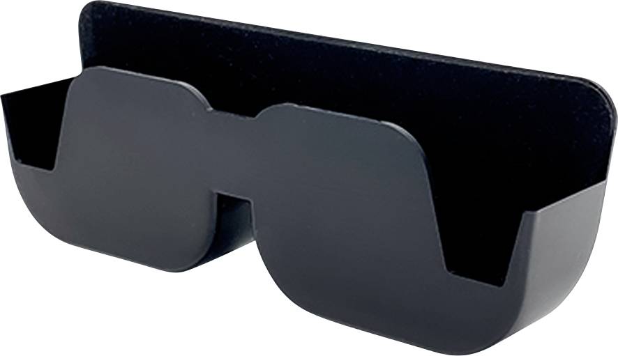 Support mural noir en plastique pour lunettes, adapté pour le rangement de deux paires de lunettes.