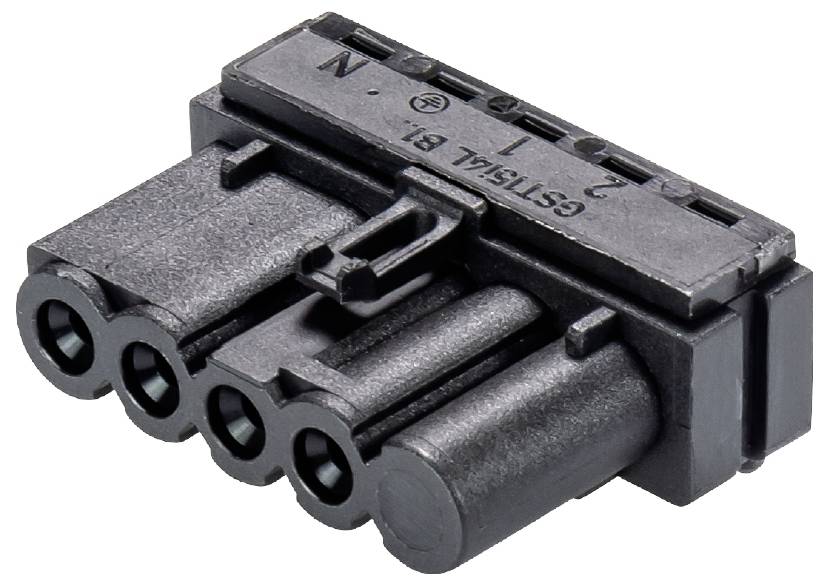 Une prise électrique noire à quatre broches avec des étiquettes sur sa surface supérieure.