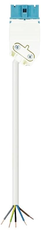 Un connecteur électrique avec un dessus bleu et un câble blanc connecté, montrant plusieurs fils colorés à son extrémité.