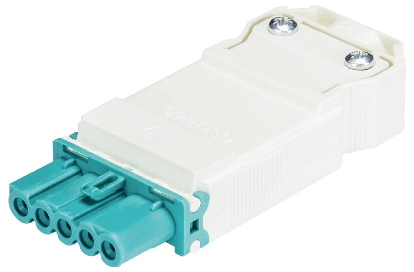 Un système de prise électrique blanc avec cinq ouvertures de contact vertes et deux vis argentées pour la fixation, sur un fond blanc.