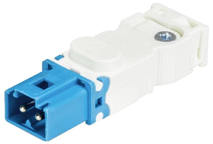 Un boîtier de connecteur électrique blanc et bleu avec un système de vissage, utilisé pour connecter des lignes électriques.