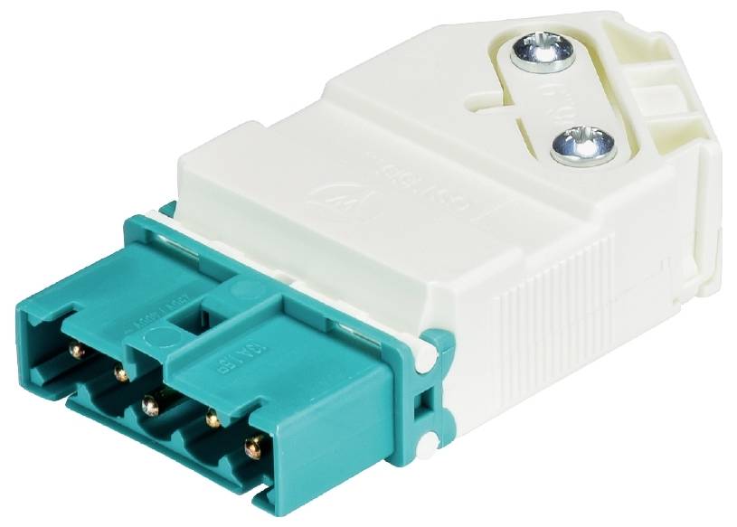 Un connecteur blanc et turquoise avec deux vis en haut, adapté aux connexions électriques dans des applications techniques.