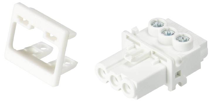 Un connecteur blanc à trois broches avec un support de fixation correspondant, idéal pour les connexions électriques dans les appareils.