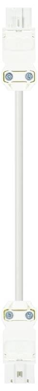 Adaptateur de câble blanc long avec des vis bleues aux deux extrémités.