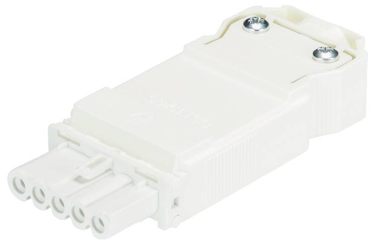 Un connecteur blanc à 5 pôles avec des vis de fixation, utilisé pour les connexions électriques.