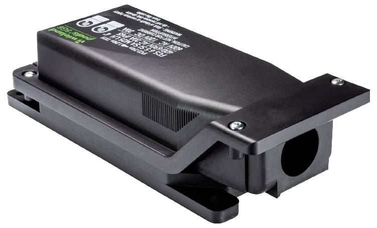 Appareil électronique noir de forme rectangulaire, étiqueté avec des symboles et du texte blancs.