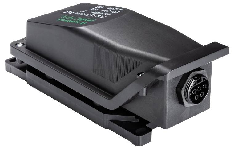 Un appareil électronique noir rectangulaire avec une fiche de connexion sur le côté, probablement destiné à des applications industrielles.