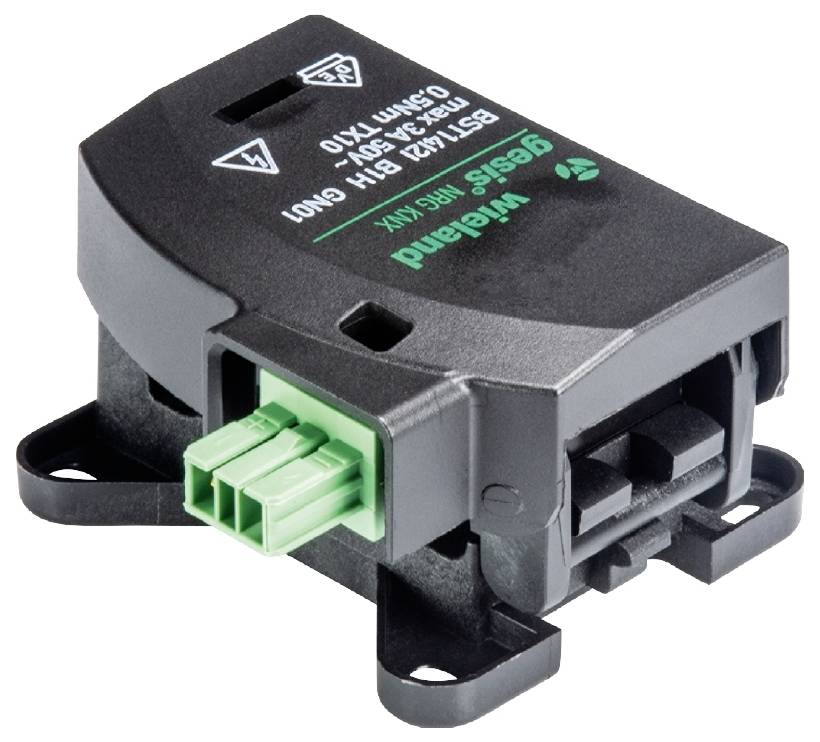 Un appareil compact noir en plastique avec des connecteurs enfichables verts et un marquage de marque. C'est un module électronique.