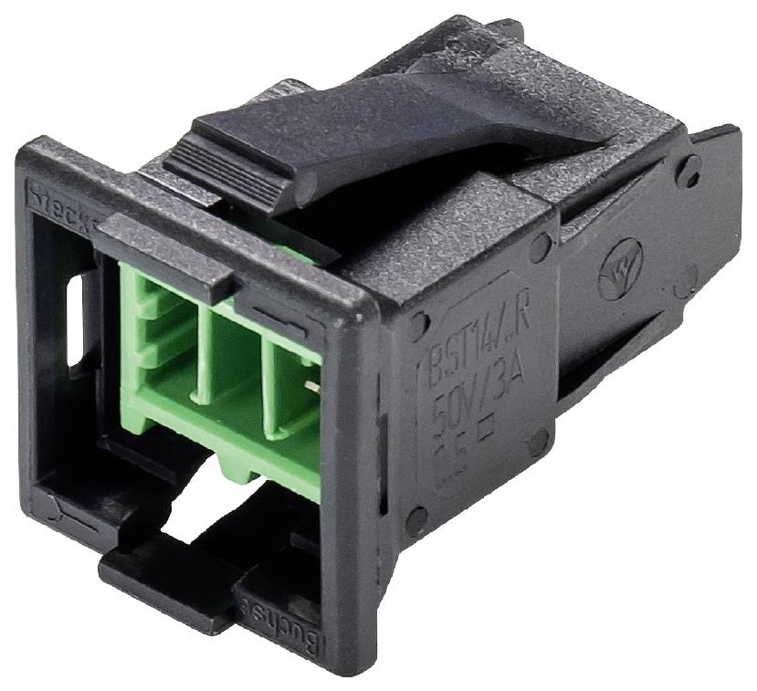 Connecteur électrique noir et vert, vue latérale, avec connexion à trois broches, utilisé pour des appareils électroniques.