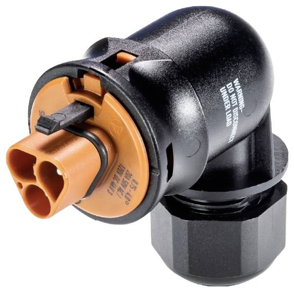 Un adaptateur électrique noir et orange avec étiquetage.