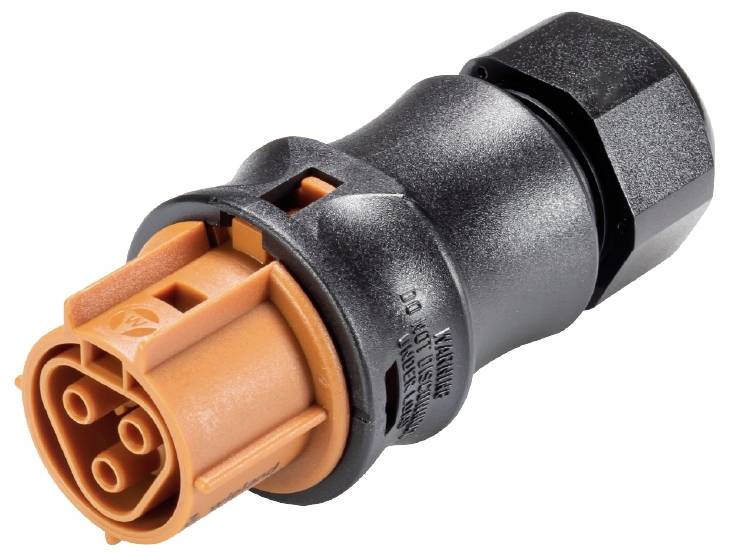 Un connecteur électrique noir et orange avec plusieurs broches, adapté aux connexions électriques dans les véhicules.