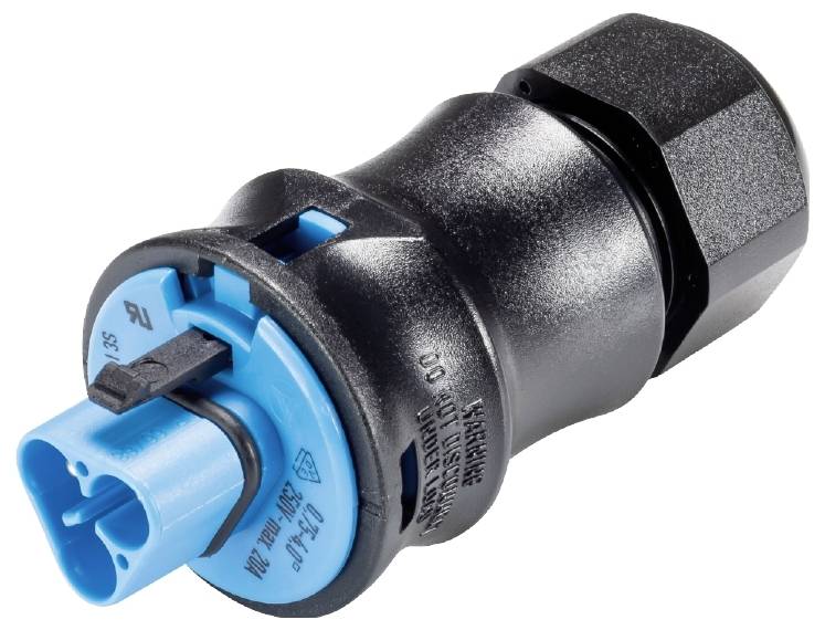 Un connecteur noir et bleu avec un mécanisme de verrouillage, probablement destiné à des applications électriques ou industrielles.