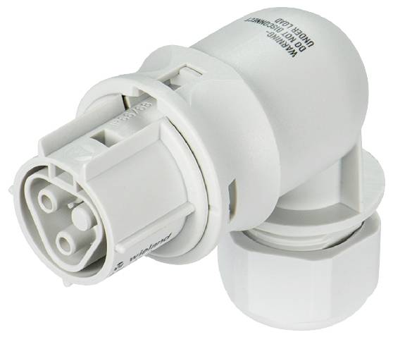 Adaptateur électrique blanc à boîtier arrondi avec connexion triphasée, fabriqué en plastique.