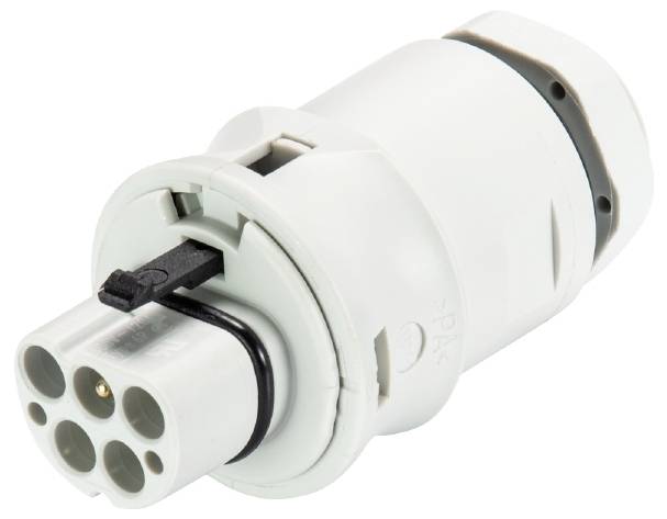 Un connecteur industriel blanc, rond, avec plusieurs broches et un verrou coulissant noir. Adapté aux applications industrielles.