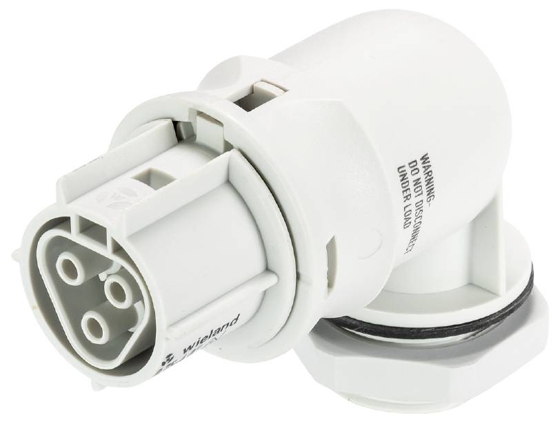 Connecteur électrique blanc multipolaire au design circulaire avec logo du fabricant visible.