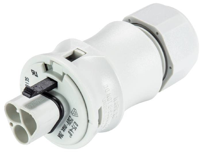 Un connecteur électrique blanc à deux contacts avec un mécanisme de verrouillage, utilisé dans les installations électriques.