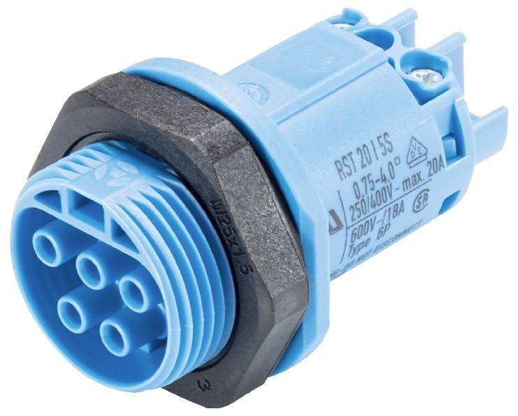 Un connecteur électrique bleu, rond, avec plusieurs broches de connexion, adapté pour une tension maximale de 250V.