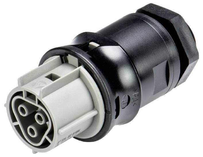 Un connecteur électrique noir et gris, de forme cylindrique avec plusieurs broches, adapté aux applications industrielles.