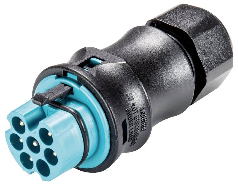 Un fiche à sept broches, principalement noire avec un insert bleu, souligne l'importance des connexions électriques correctes.