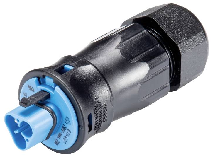 Connecteur de câble en plastique noir, composé de deux parties principales en noir et bleu, avec connexion enfichable à l'extrémité bleue.