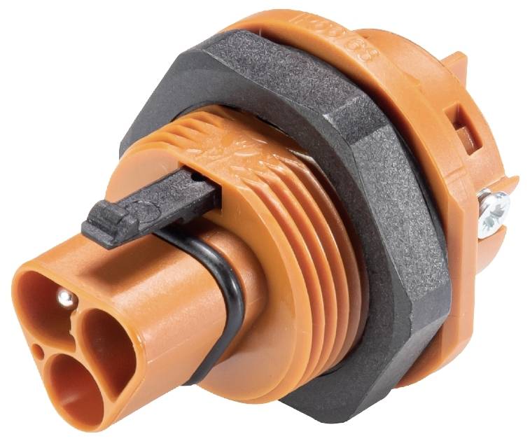 Connecteur électrique orange avec anneau noir et deux trous, sécurisé latéralement par une vis.