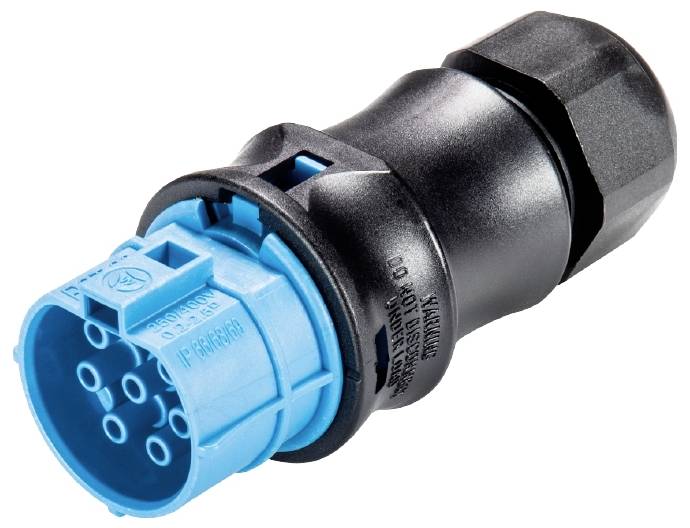 Un connecteur électrique bleu et noir à plusieurs contacts, adapté aux applications industrielles.