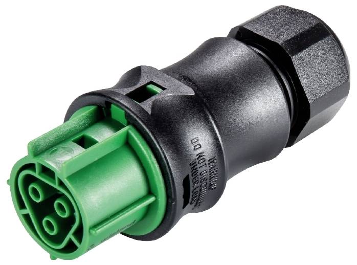 Un connecteur électrique noir et vert pour applications industrielles, avec quatre broches et un boîtier robuste pour une protection optimale.