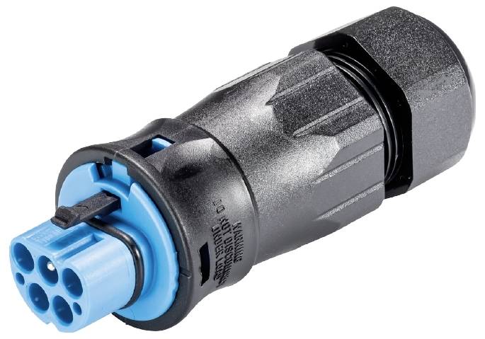 Connecteur à gaine plastique bleue et noire, avec plusieurs connexions. Adapté pour les branchements électriques dans différentes applications.