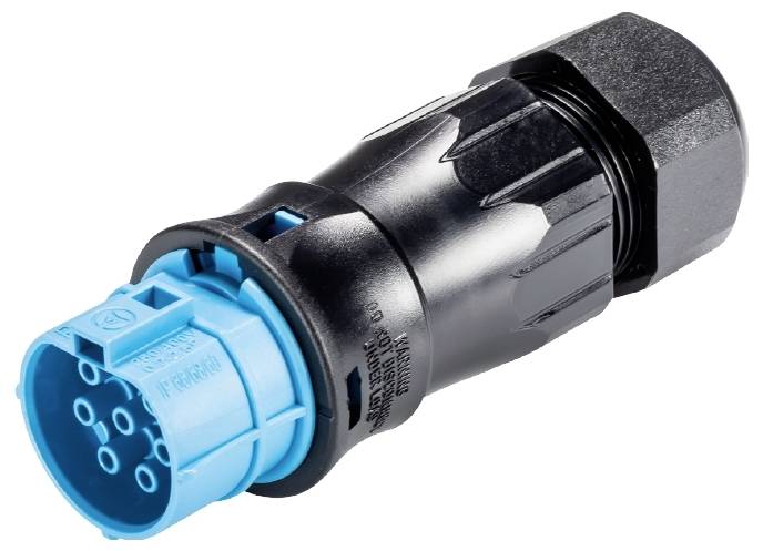 Ce connecteur est noir et bleu, de forme cylindrique, adapté pour relier des câbles électriques, couramment utilisé dans l'industrie.