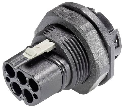 Un connecteur multiple noir cylindrique à six trous, équipé d'un clip gris, adapté aux connexions électroniques.
