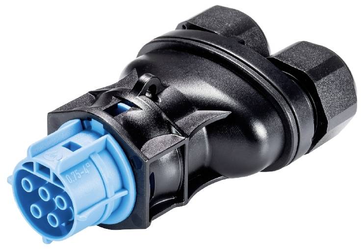Fiche électrique noire et bleue à broches multiples, adaptée pour la connexion d'appareils techniques.