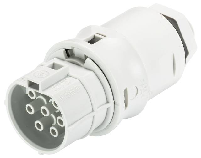 Un connecteur électrique blanc cylindrique avec plusieurs contacts mâles, adapté aux applications industrielles.