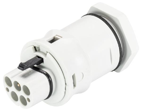 Prise électrique blanche, cylindrique, avec plusieurs emplacements et un mécanisme de verrouillage noir.
