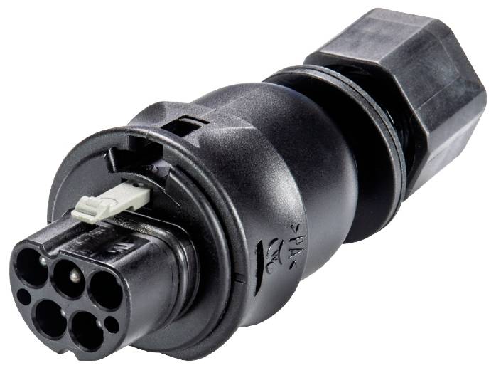 Un connecteur noir cylindrique avec plusieurs contacts circulaires et un branchement de câble. Graphiques et marques visibles.