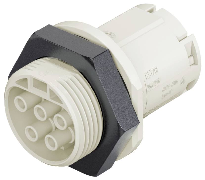 Un connecteur blanc cylindrique avec plusieurs raccords circulaires et un filetage métallique hexagonal pour la fixation.