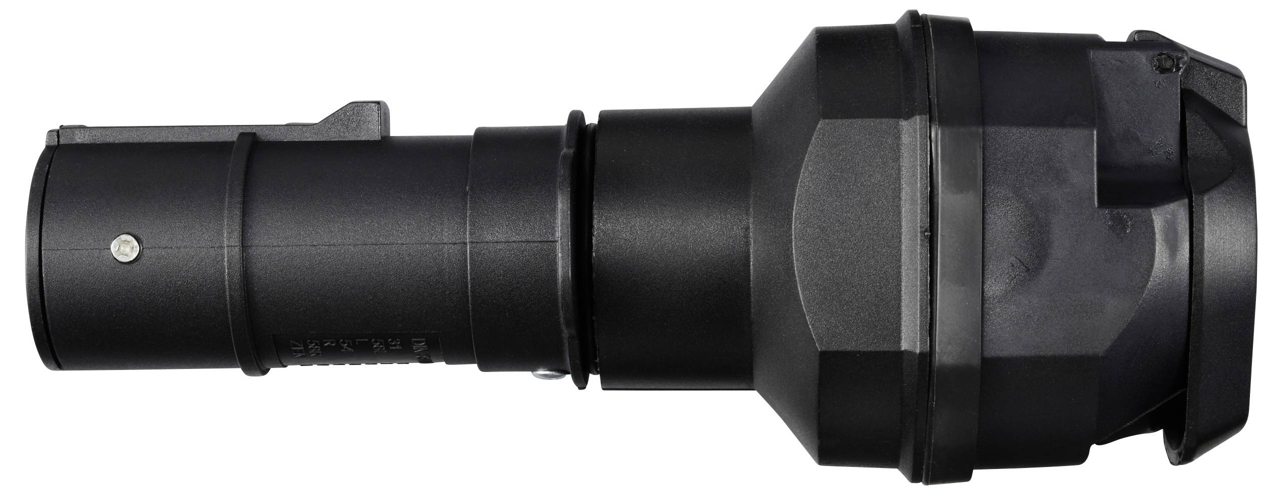 Adaptateur technique noir à structure cylindrique nervurée. L'adaptateur présente une connexion métallique sur le côté gauche.