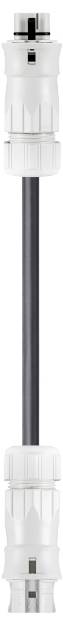 Un composant en plastique blanc cylindrique avec un câble noir au centre, probablement un élément de connexion ou de raccordement.