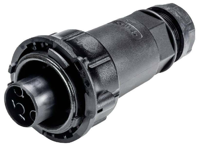 Une fiche noire à boîtier circulaire avec plusieurs connexions, utilisée pour des applications de câblage industriel ou technique.