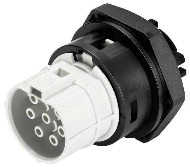 Connecteur rond multibroche avec boîtier noir et contacts blancs, adapté aux connexions de câbles industriels.